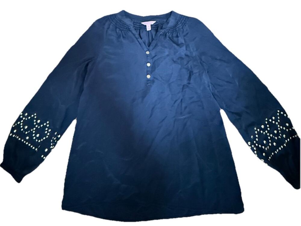 LILLY PULITZER Woman’s Black Silk Pullover Blouse Smocked V-Neck Size X-Small